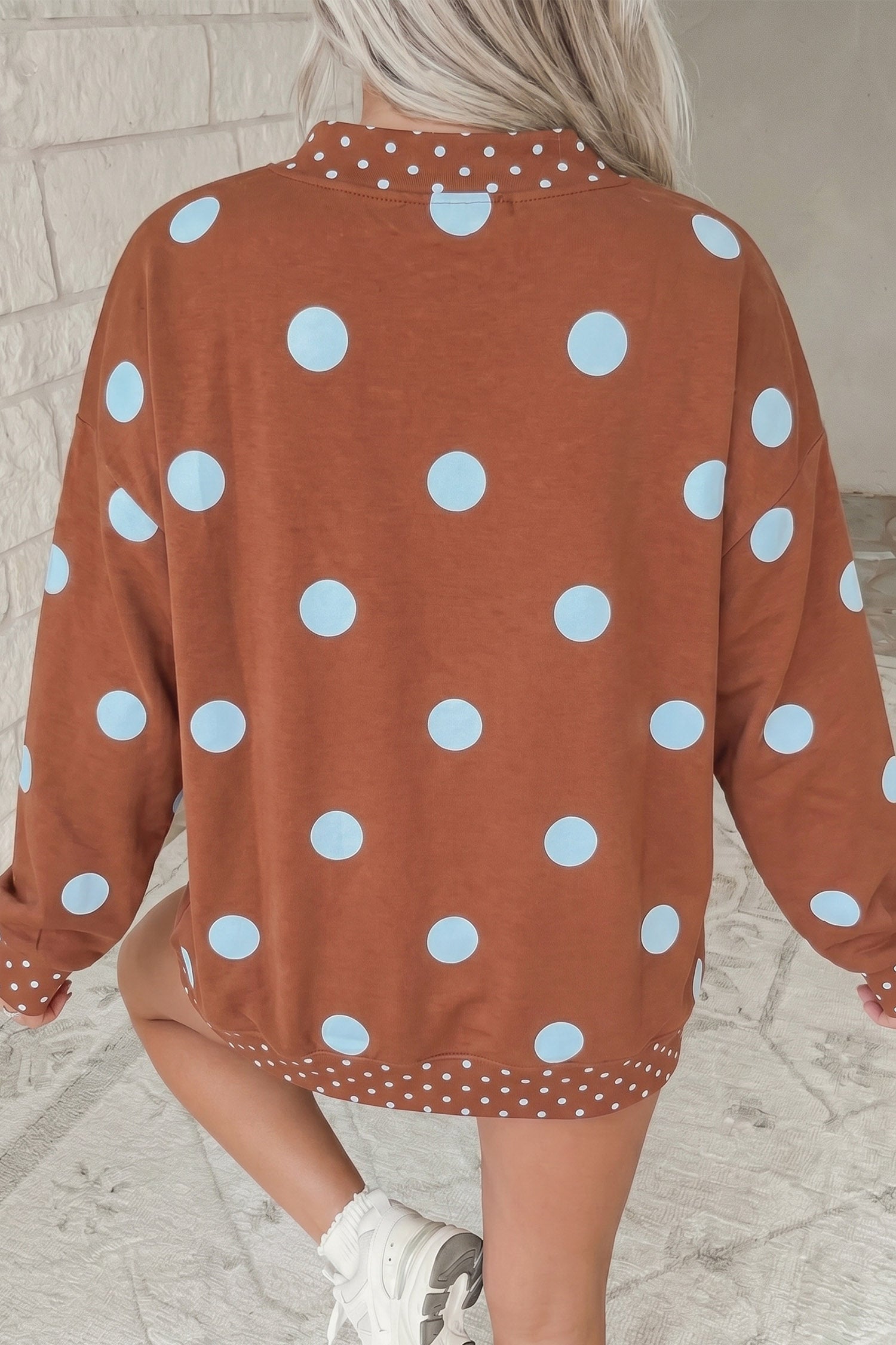 Polka Dot Print Contrast Detail Oversized Tunic Sweatshirt – Pink