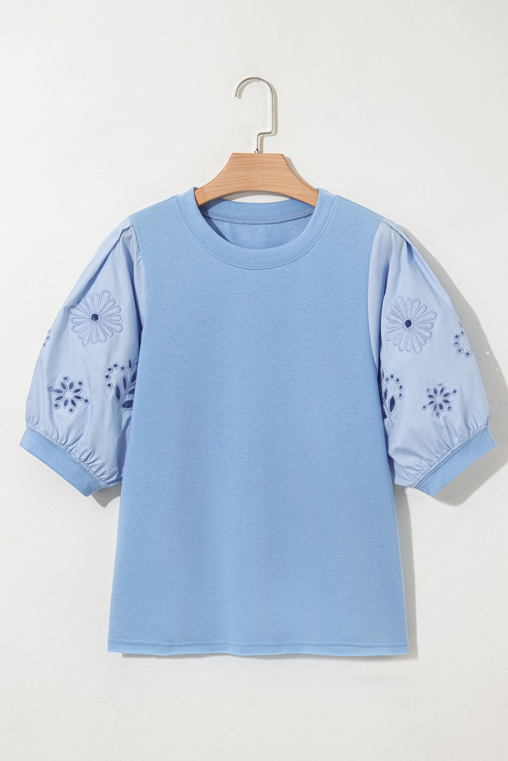 Beau Blue Eyelet Flower Embroidered Puff Short Sleeve Patchwork Crew Neck Blouse eAura