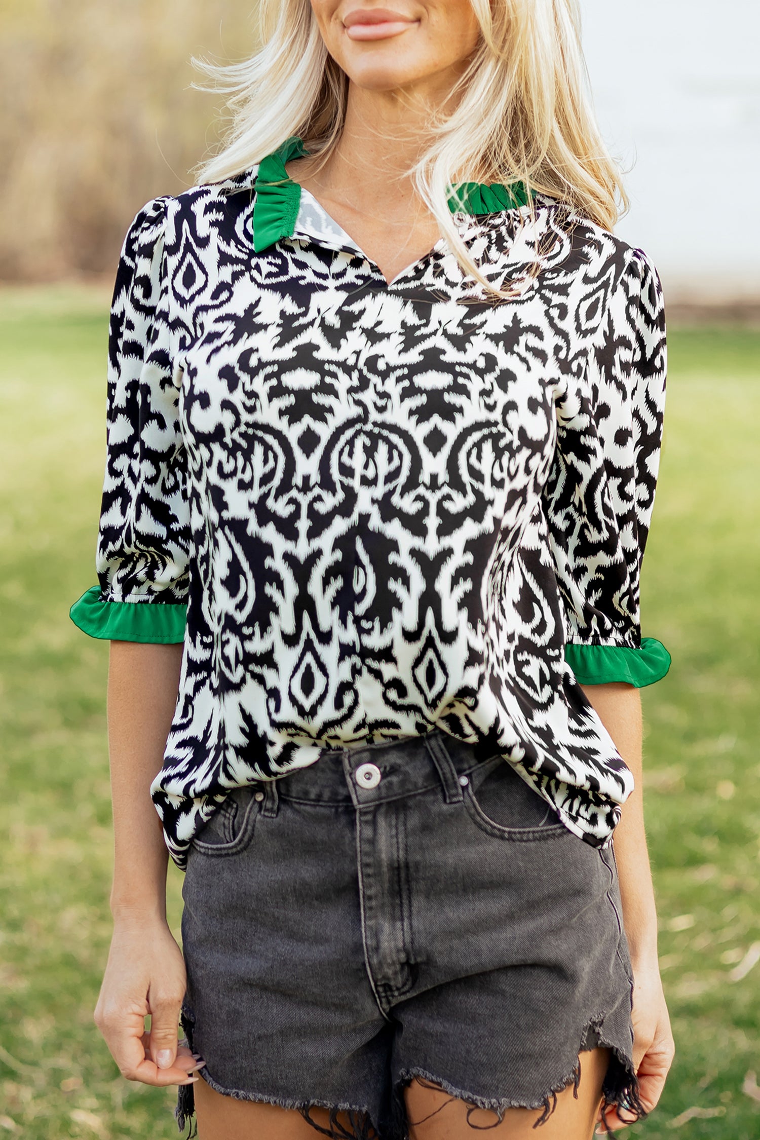 Damask Print Ruffle Colour Block Puff Sleeve Blouse
