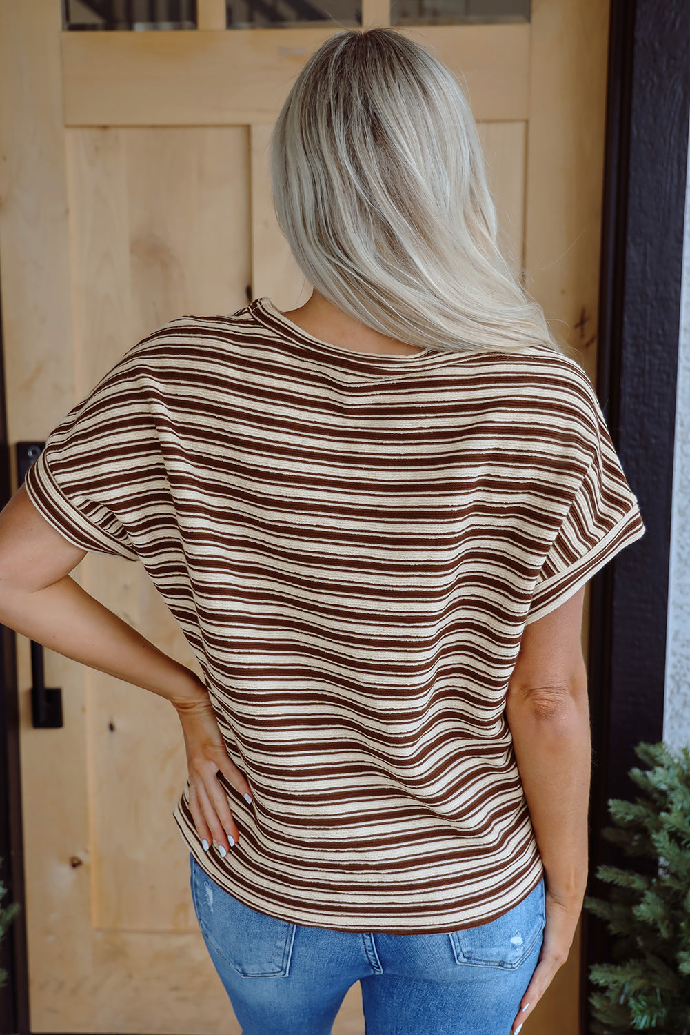 Brown Stripe Textured Side Slits Crew Neck T Shirt eAura