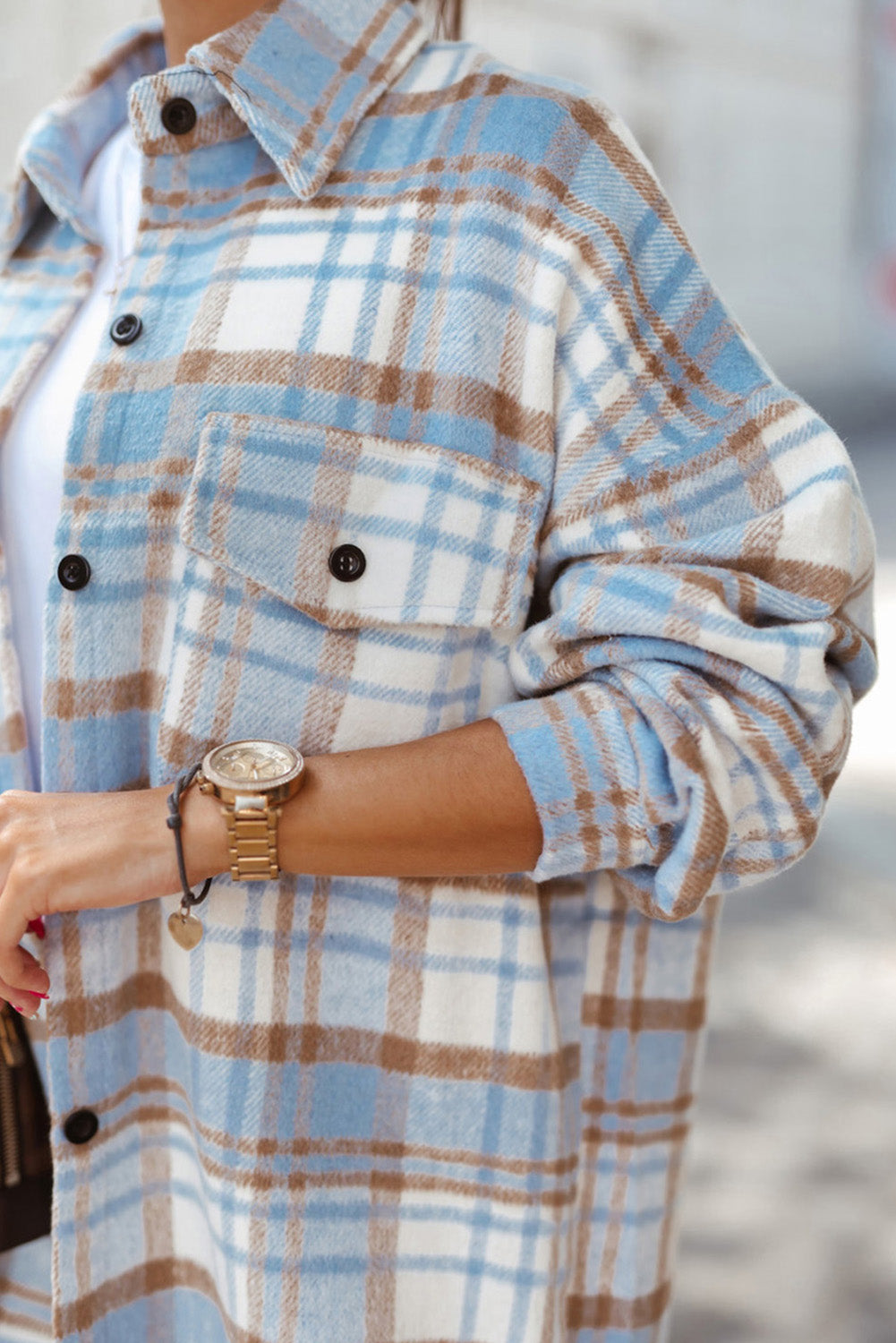 Sky Blue Plaid Flap Pocket Long Sleeve Shacket Beagle Boutique Fashion Outlet