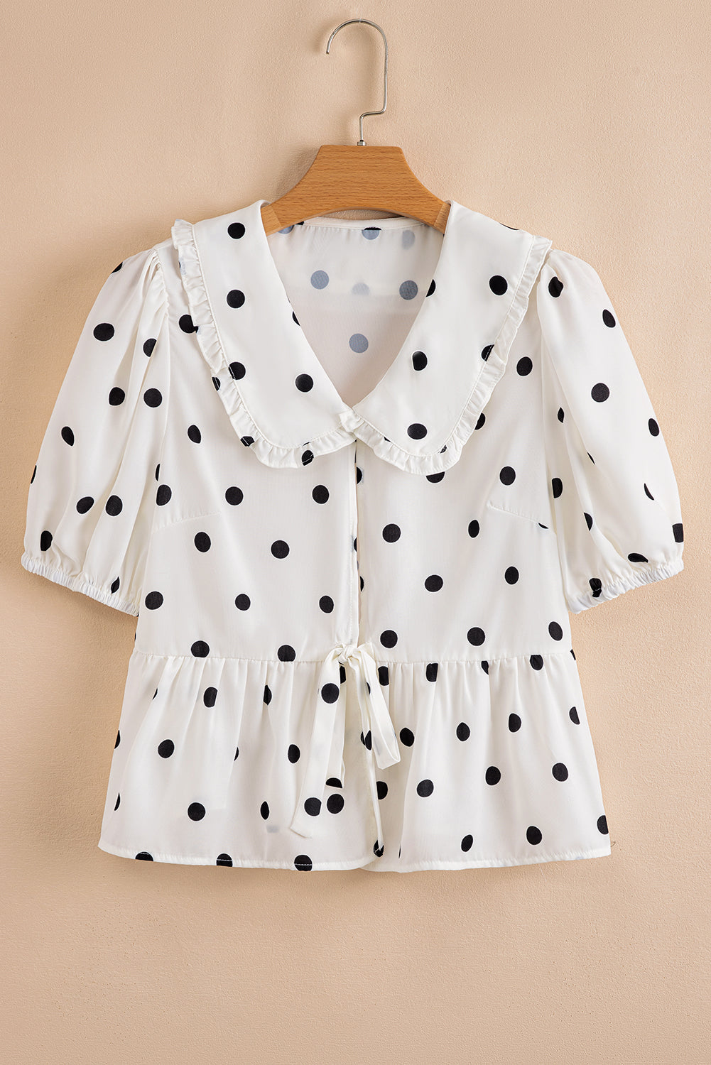 White Polka Dot Collared Tie-up Font Puff Sleeve Peplum Top eAura
