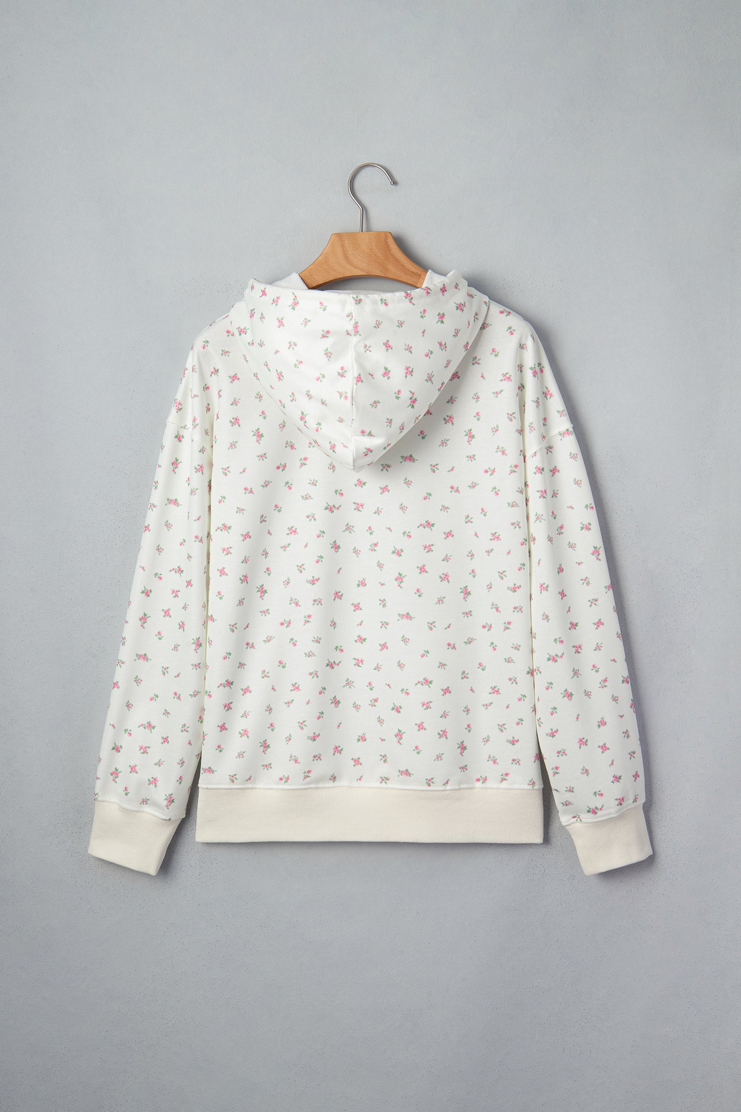 Floral Print Ribbing Drawstring Hem Long Sleeve Hoodie – White