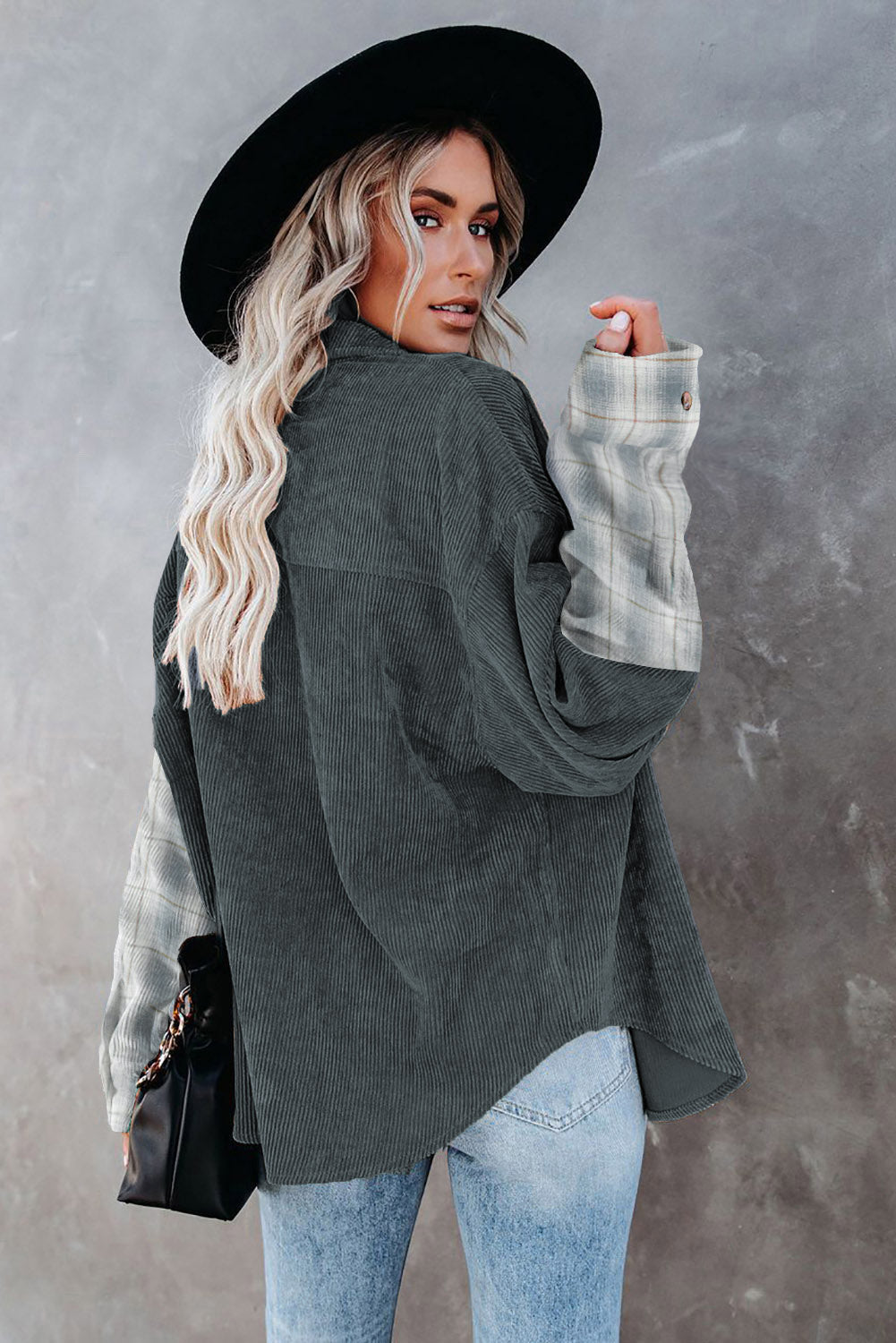 Grey Plaid Colour Block Button-up Oversize Corduroy Shacket eAura