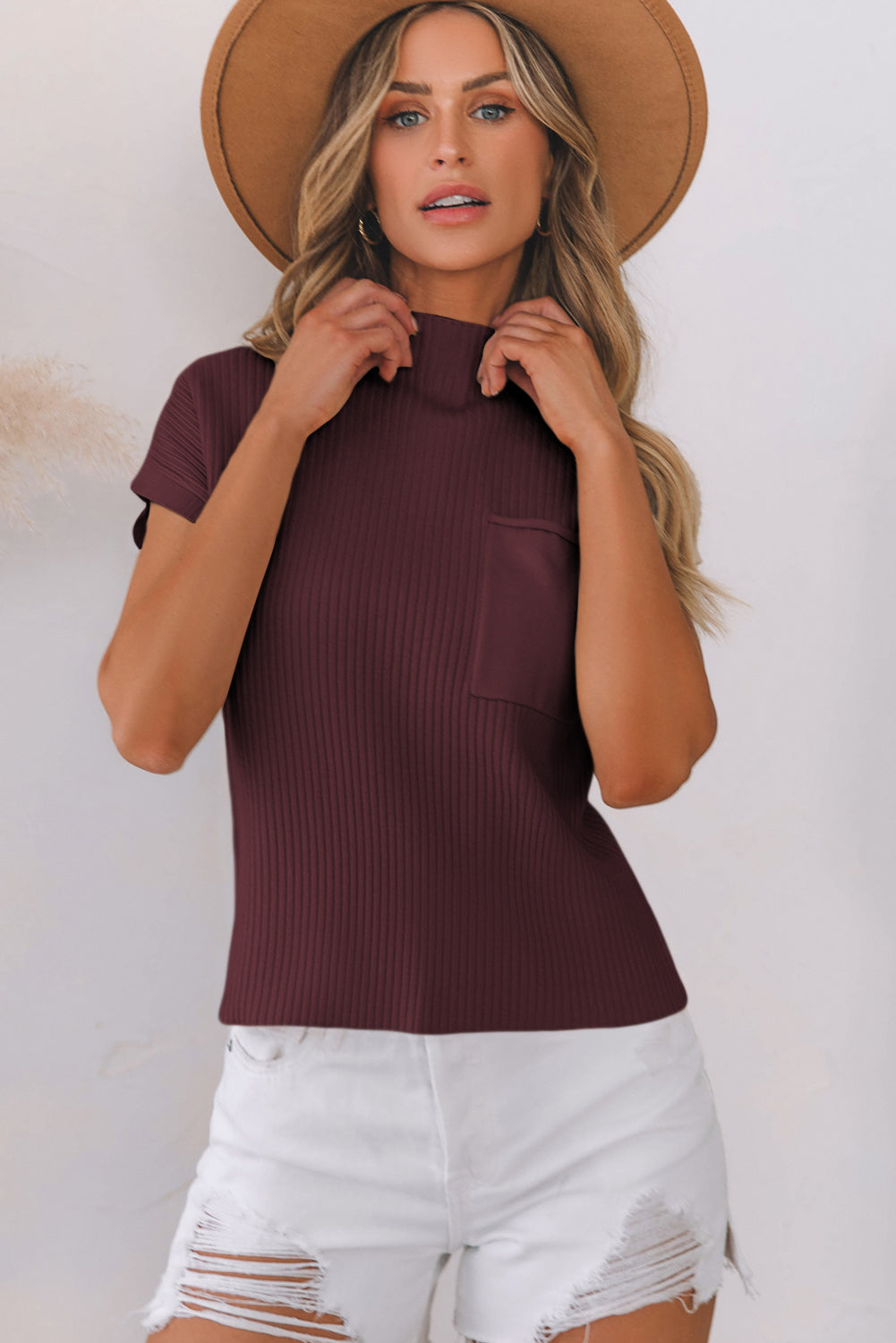 Patch Pocket Ribbed Knit Short Sleeve Sweater eAura
