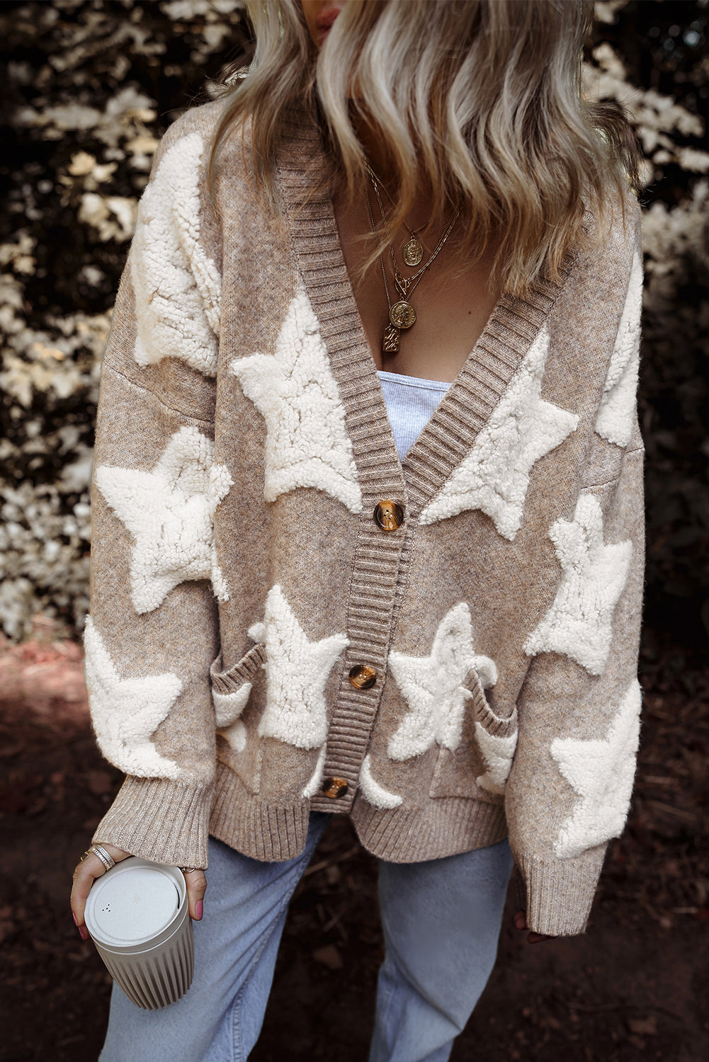 Sherpa Star Pattern Textured Sweater Cardigan with Pockets eAura