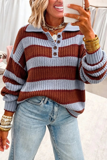 Pullover sweater with button collar and dropped shoulder