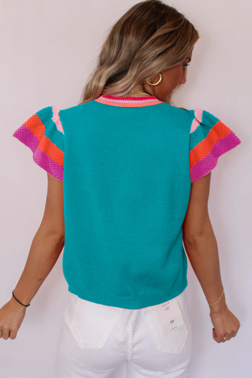 Turquoise Contrast Flutter Sleeves Knitted Sweater T Shirt eAura