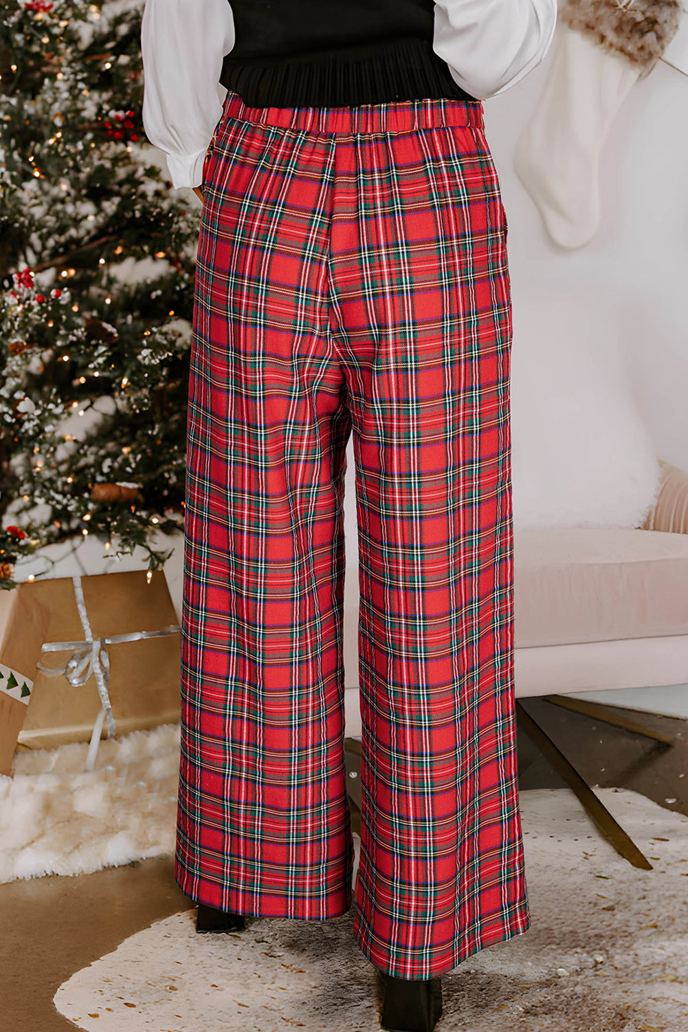 Red Festive Plaid Wide Leg Pull On Trousers - eAura