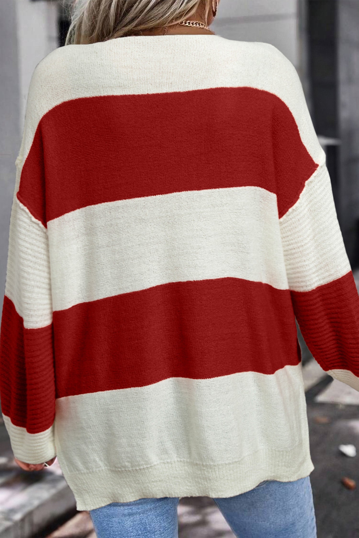 Stripe Loose Colour Block Drop Shoulder Bubble Sleeve Sweater - Sweaters & Cardigans/Sweaters