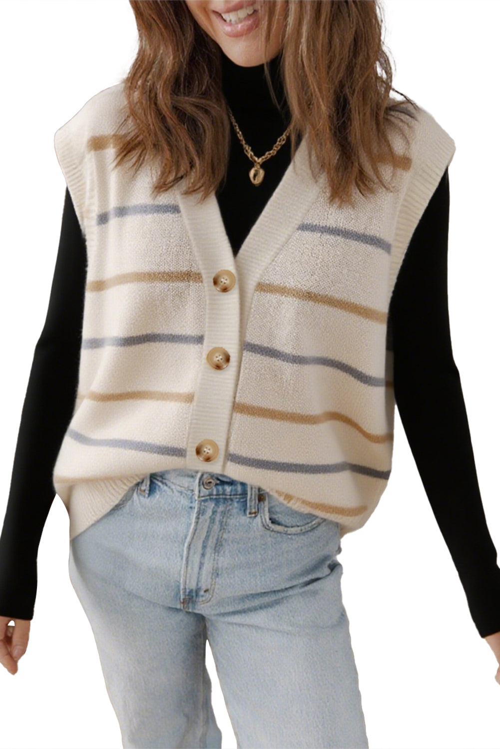 Multicolour Striped Print Button V-Neck Knit Vest