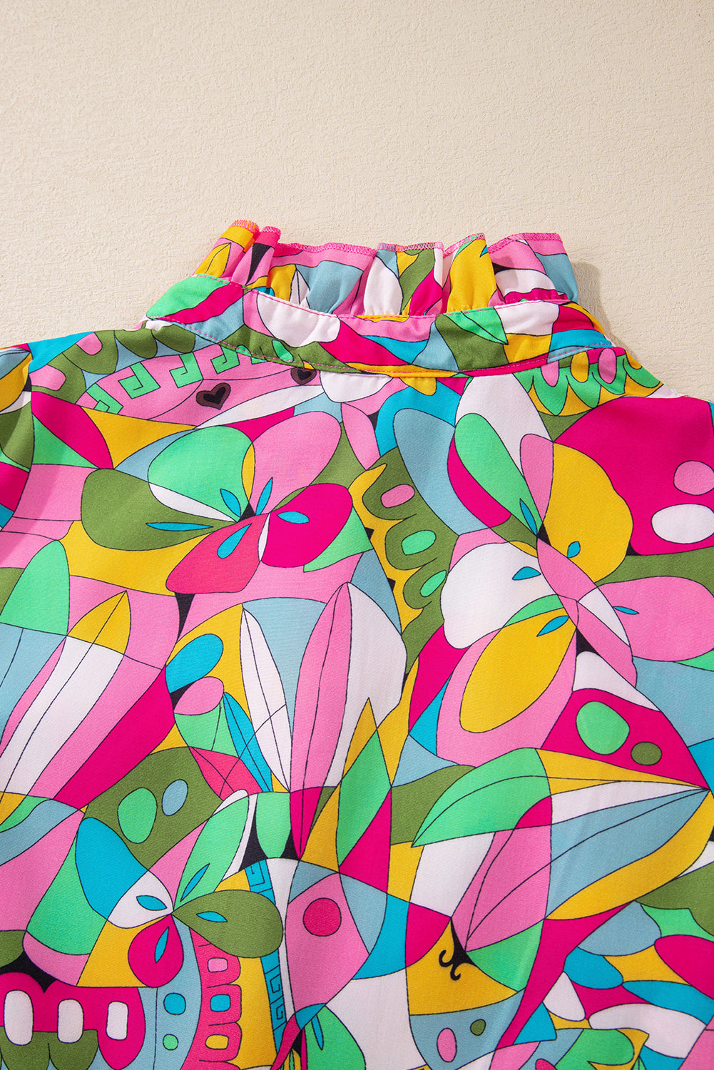 Pink Abstract Printed Lantern Sleeve Buttoned Mini Dress eAura