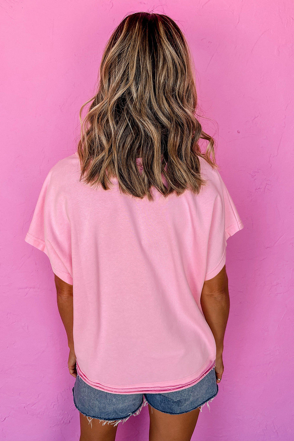 Pink Colour Block Patchwork Seamed Crewneck T Shirt eAura