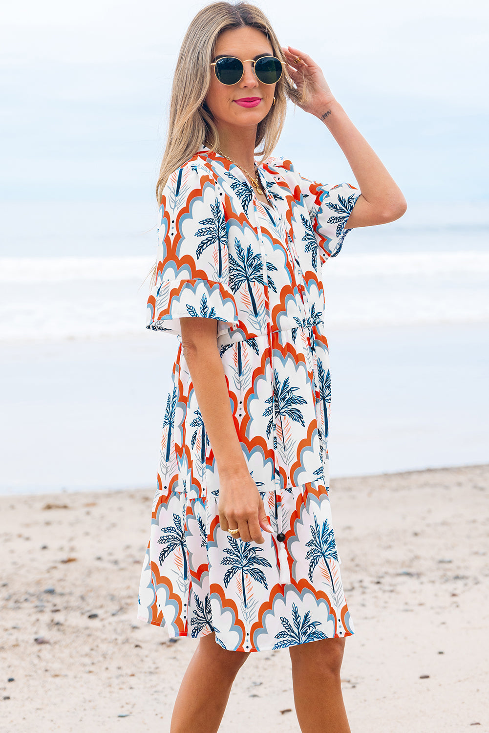 Palm Tree Printed Short Sleeve Flowy Dress - eAura