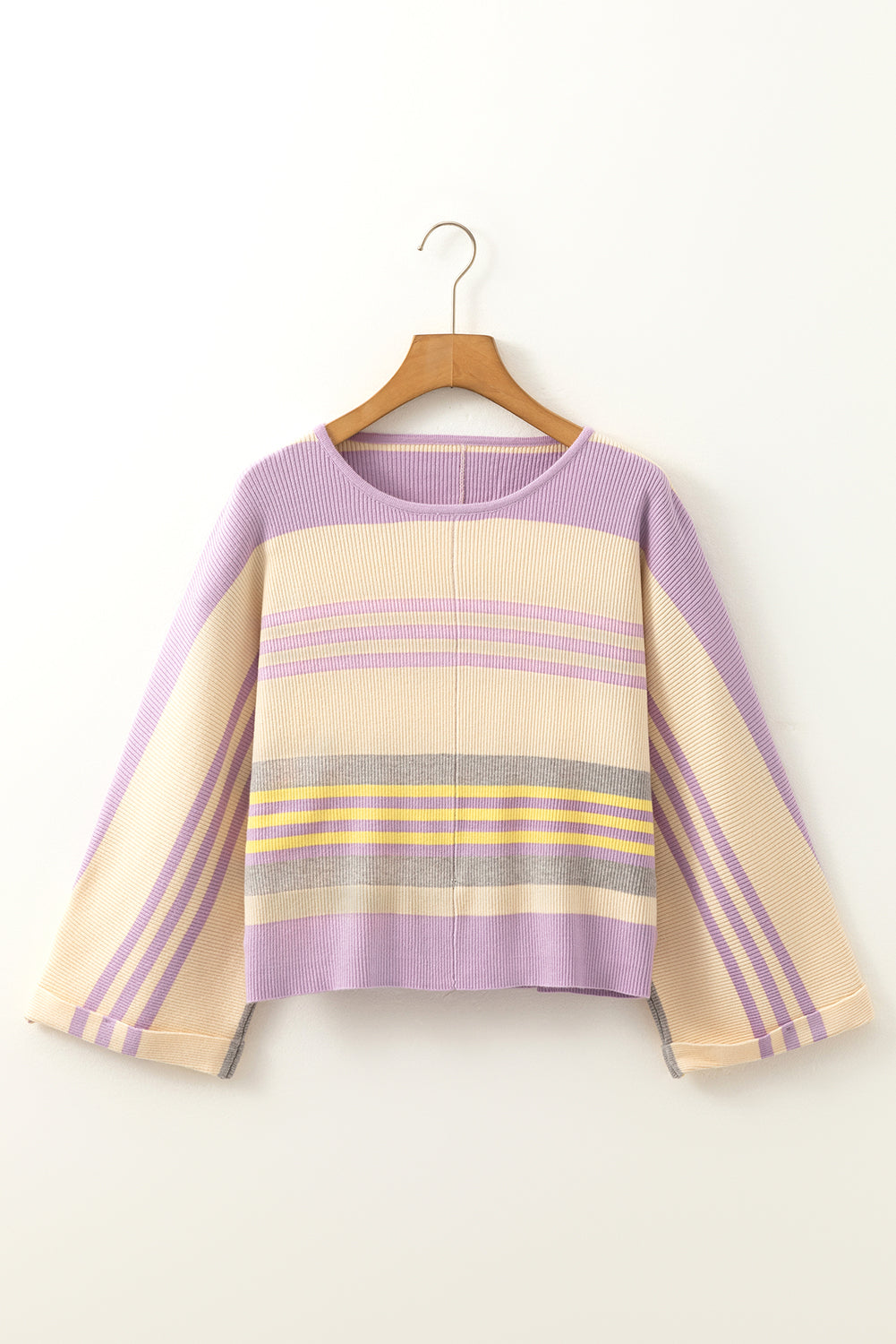 Purple Stripe Borderline Rib Knit Cuffed Dolman Sleeve Sweater eAura
