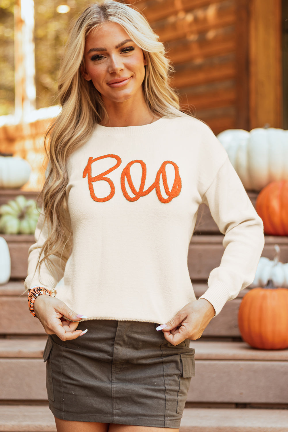 Black Boo Knitted Pattern Ribbed Edge Drop Shoulder Sweater eAura