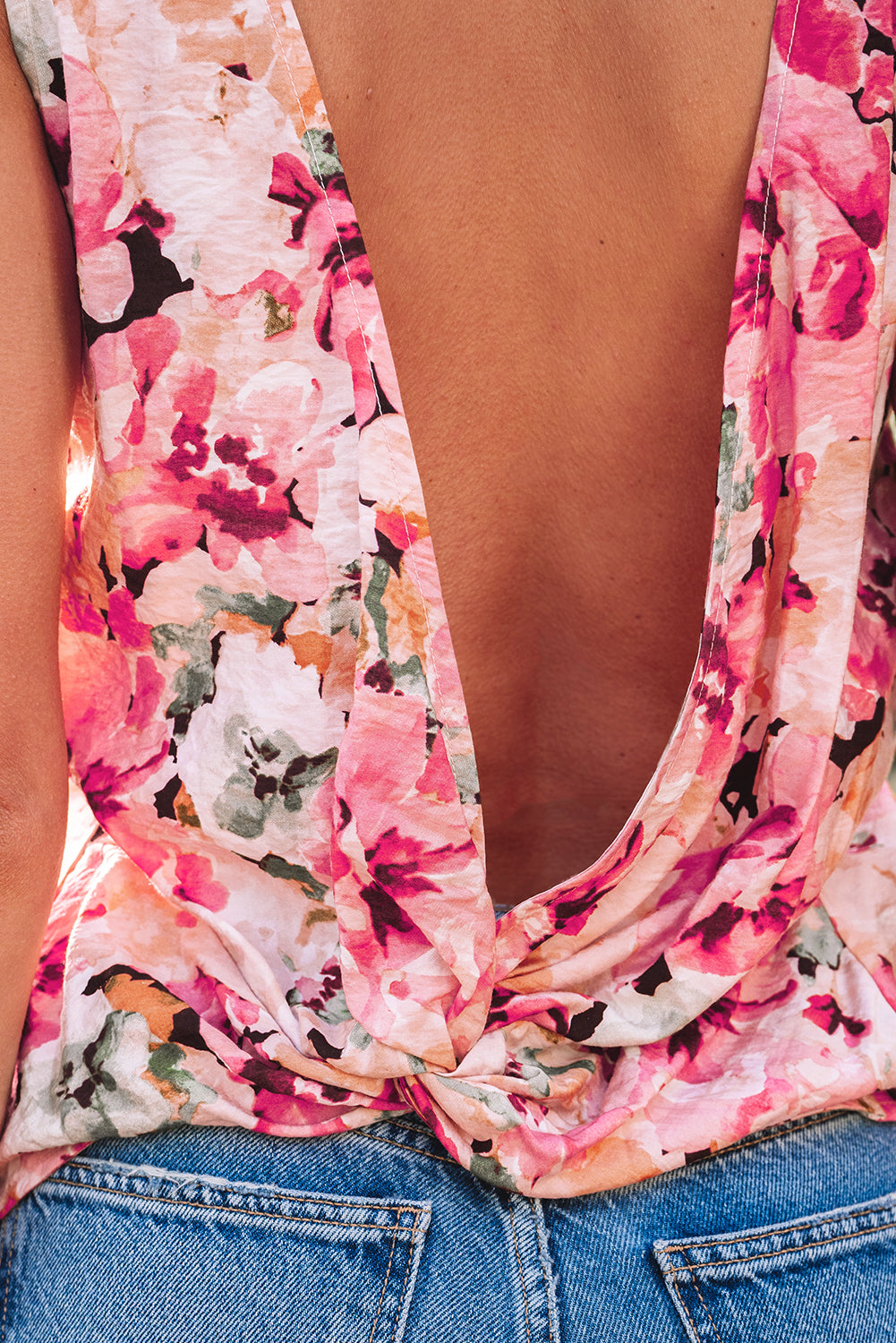 Pink Floral Round Neck Twisted Cut Out Back Tank Top - eAura