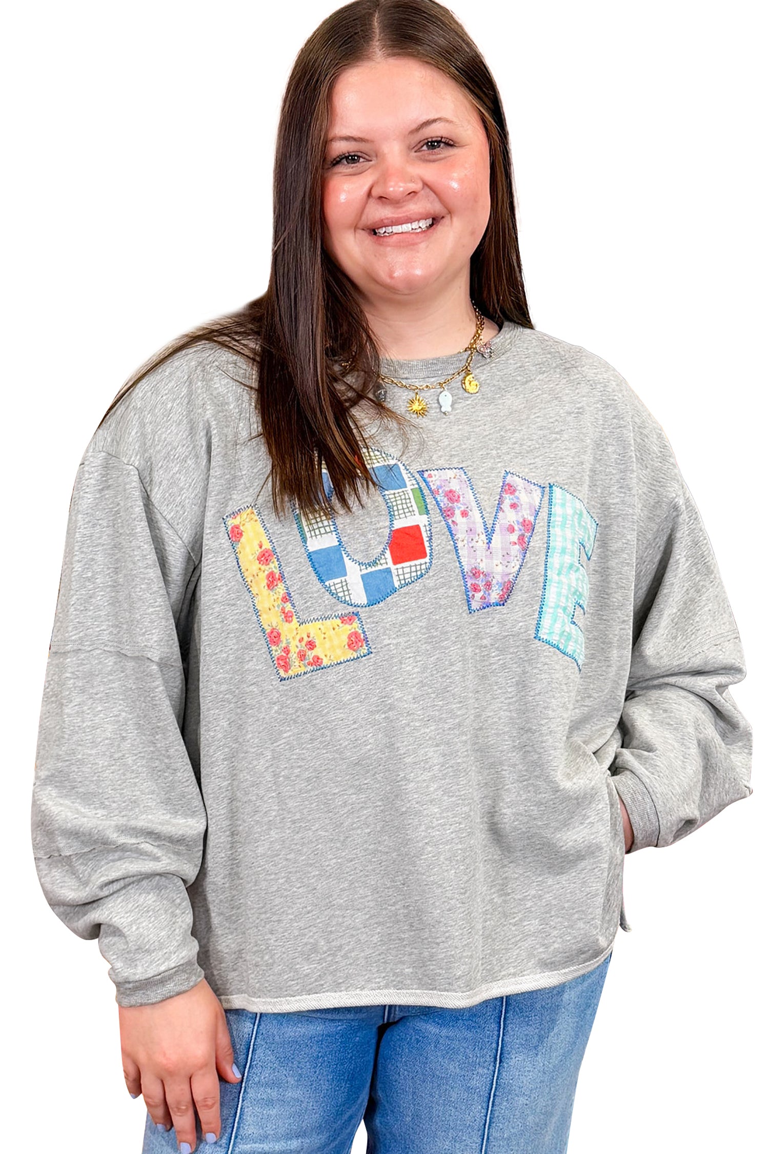 Long Sleeve Patch Embroidery Tunic Plus Size Blouse – Light Grey