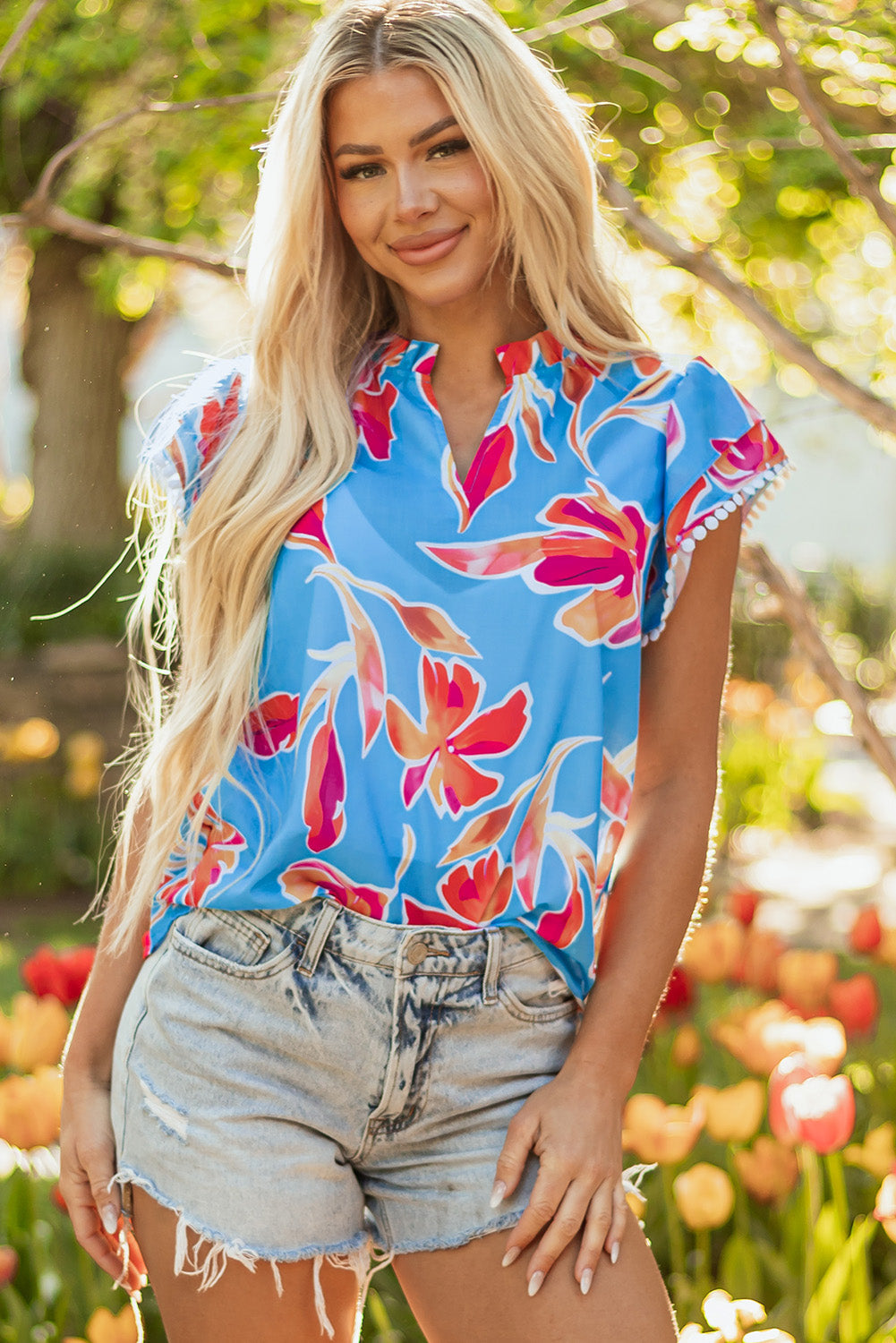Sky Blue Floral Print V Neck Pompom Trim Flutter Sleeve Blouse eAura