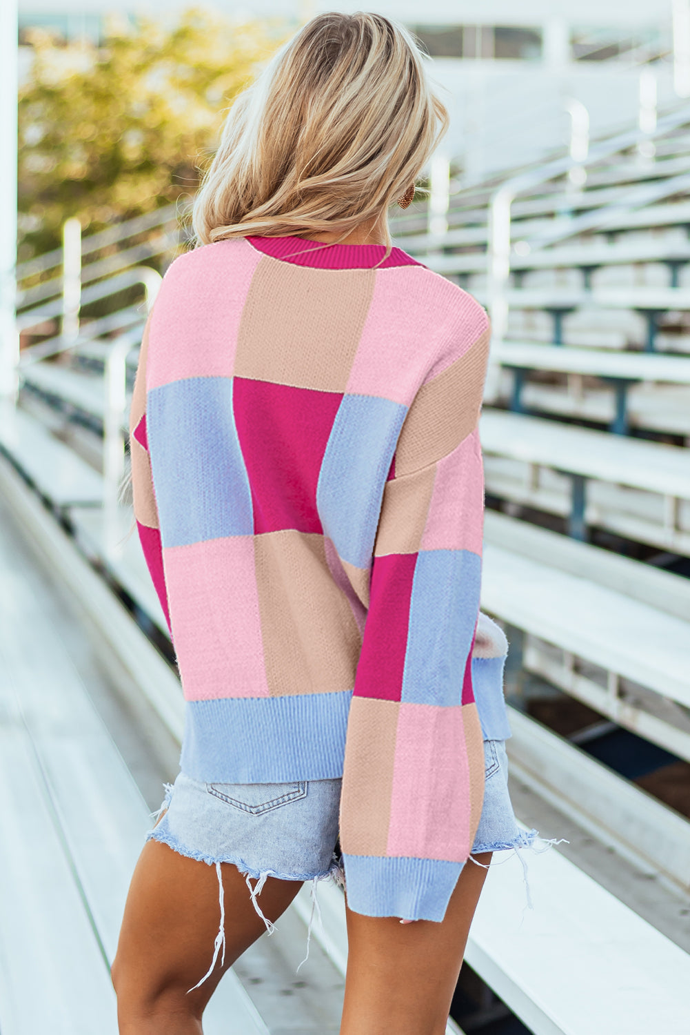 Rose Red Colour Block Drop Shoulder Crewneck Loose Fit Sweater eAura