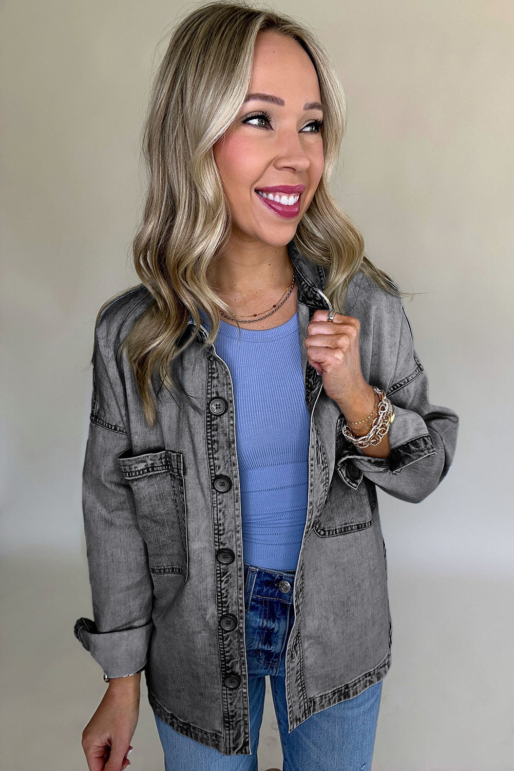 Medium Grey Mineral Wash Patched Pocket Split Denim Jacket eAura