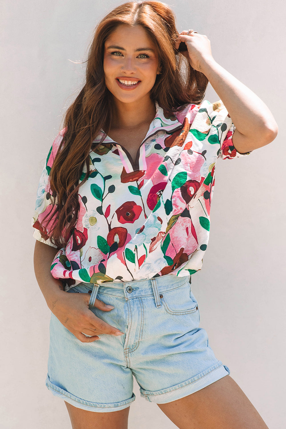 Pink Floral Print Slit V Neck Short Sleeve Blouse eAura