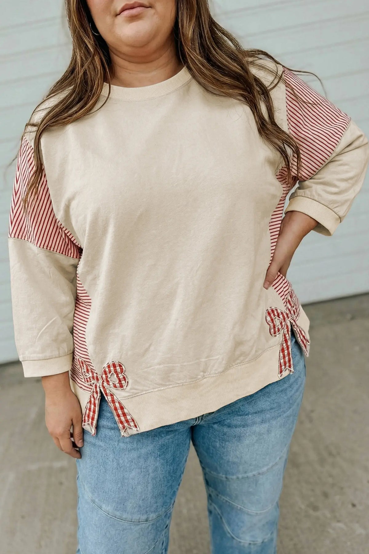 Striped Colourblock Patchwork Bow Detail Bracelet Sleeve Plus Size Top – Parchment