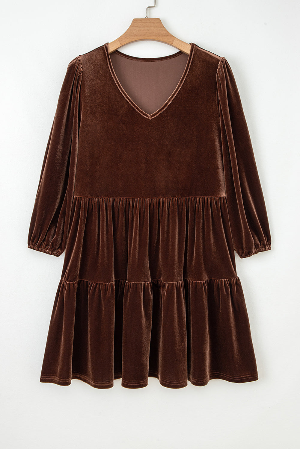 Brown Velvet V-Neck Long Sleeve Tiered Mini Dress eAura