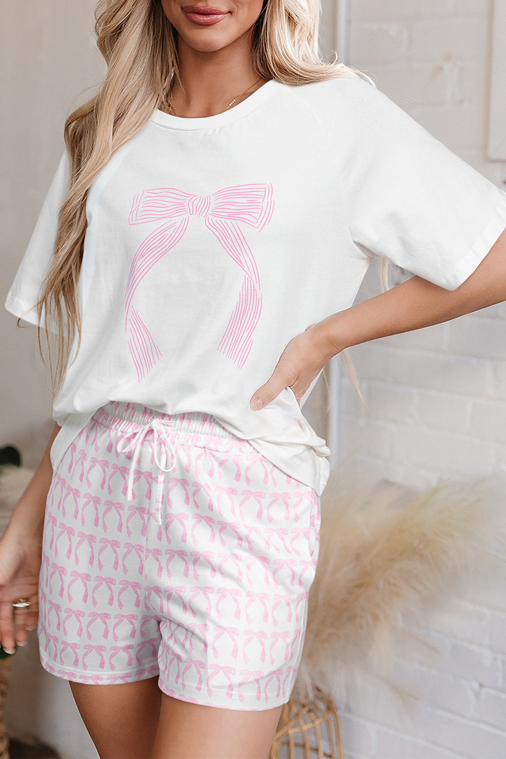 Pink Bow Knot Print Loose Fit Two Piece Pyjamas eAura