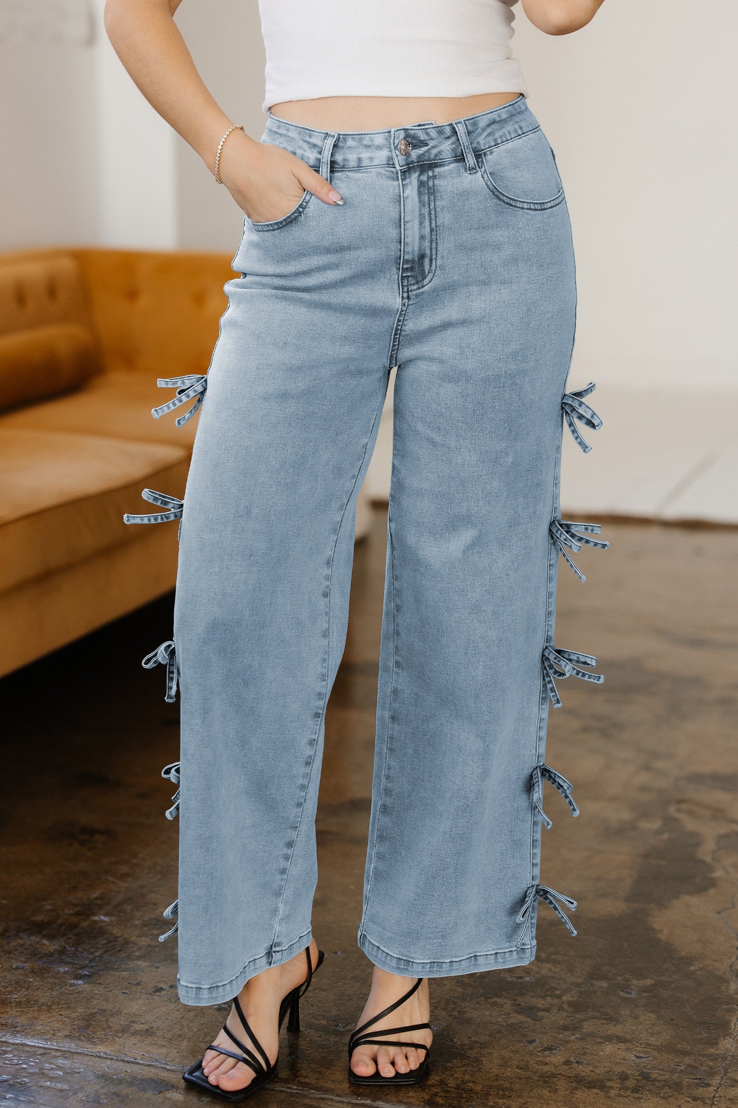 Bow Knot Side Detail Straight Leg Loose Jeans - Bottoms/Jeans