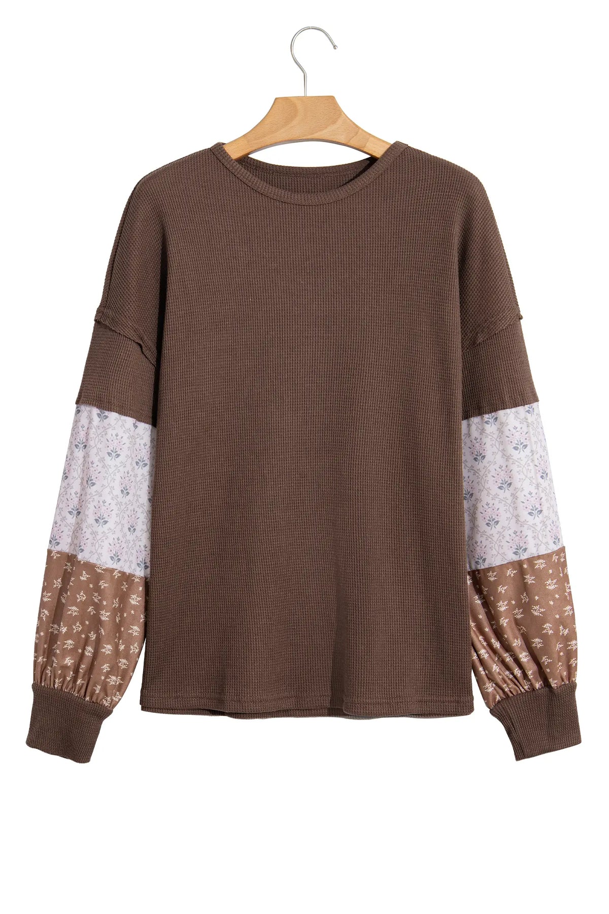 Coffee Floral Print Colourblock Long Sleeve Textured Loose Pullover Tunic Top – Brown