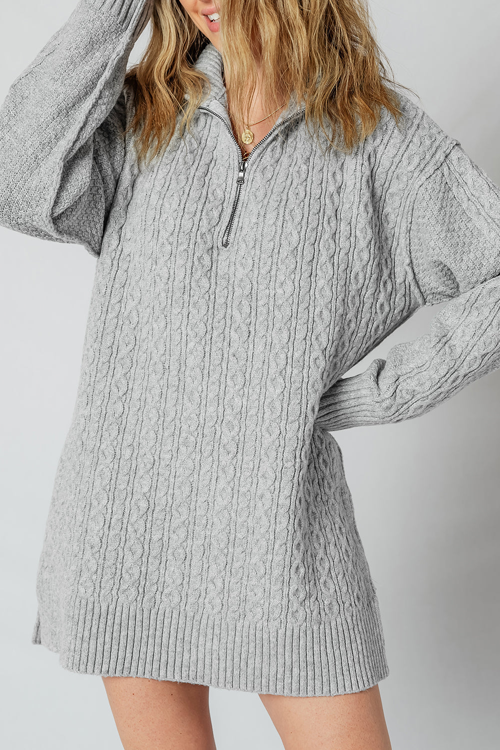 Cable Knit Quarter Zip Ribbed Trim Loose Sweater Dress - eAura