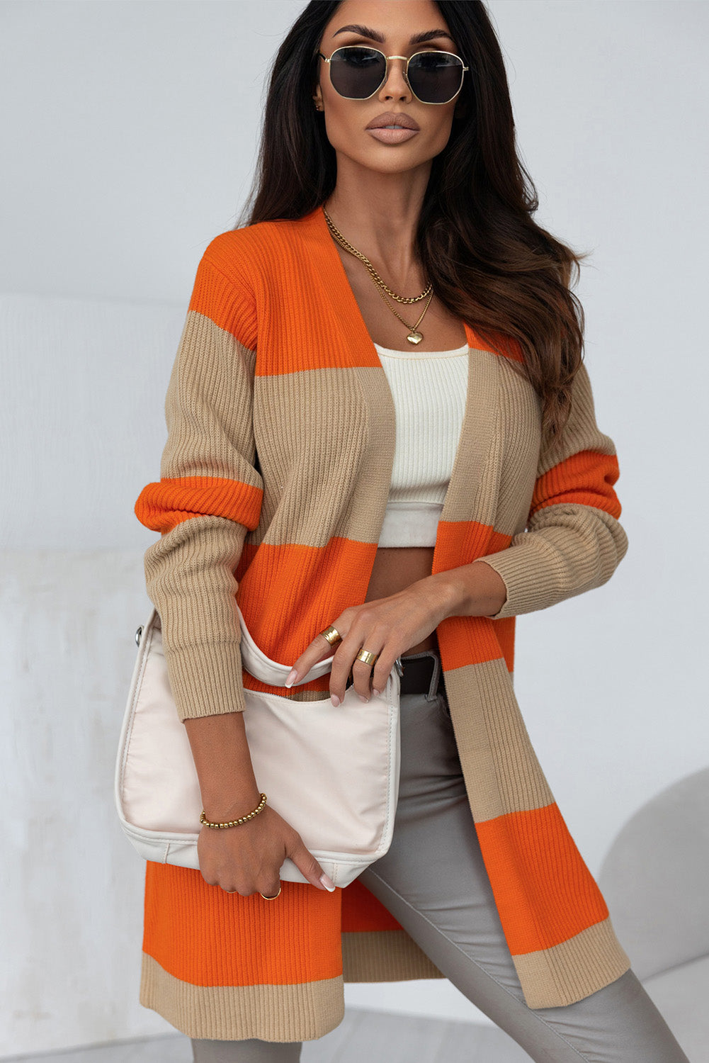 Orange Colourblock Ribbed Knit Cardigan eAura