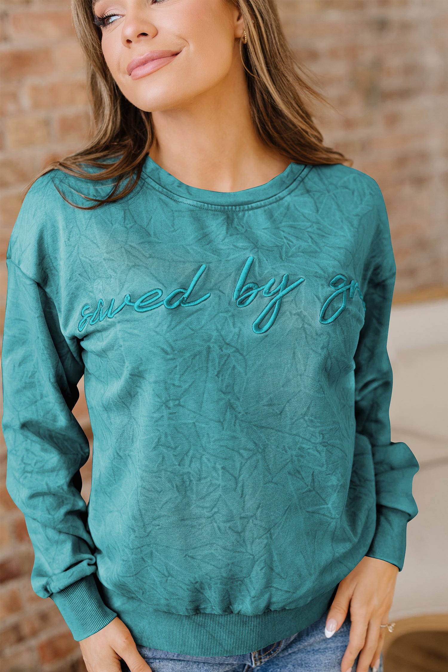 'Saved By Grace' Embroidered Mineral Wash Sweatshirt