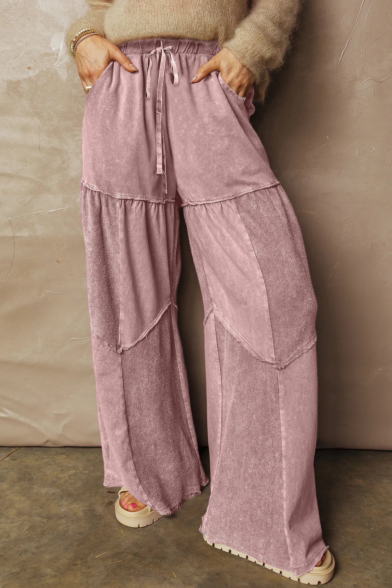 Vineyard Green Mineral Wash Tiered Wide Leg Patchwork Drawstring Pants
