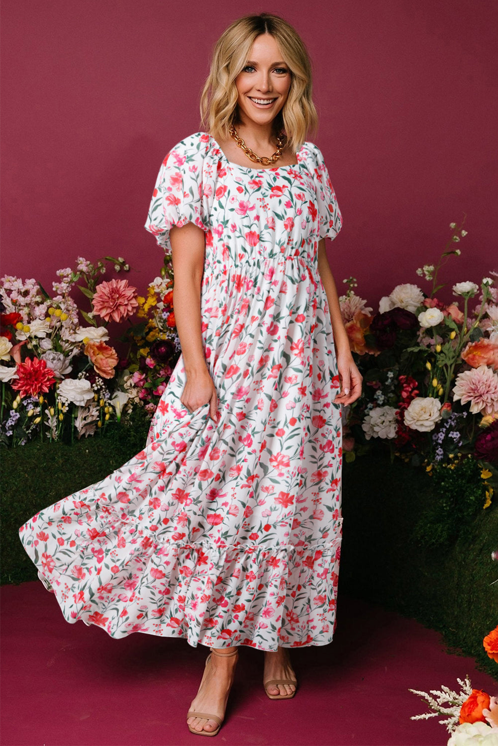 Pink Floral Puff Sleeve Square Neck Empire Waist Tiered Maxi Dress eAura
