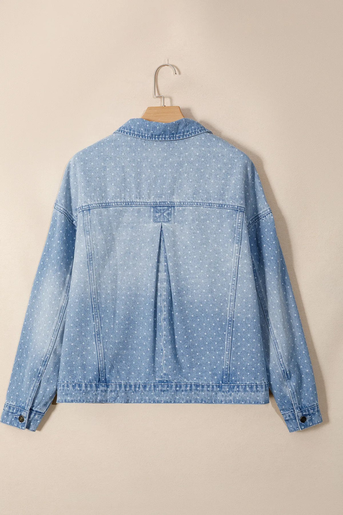 Sky Blue Polka Dot Long Sleeve Collar Pocket Casual Shift Silhouette Denim Jacket – Light Blue