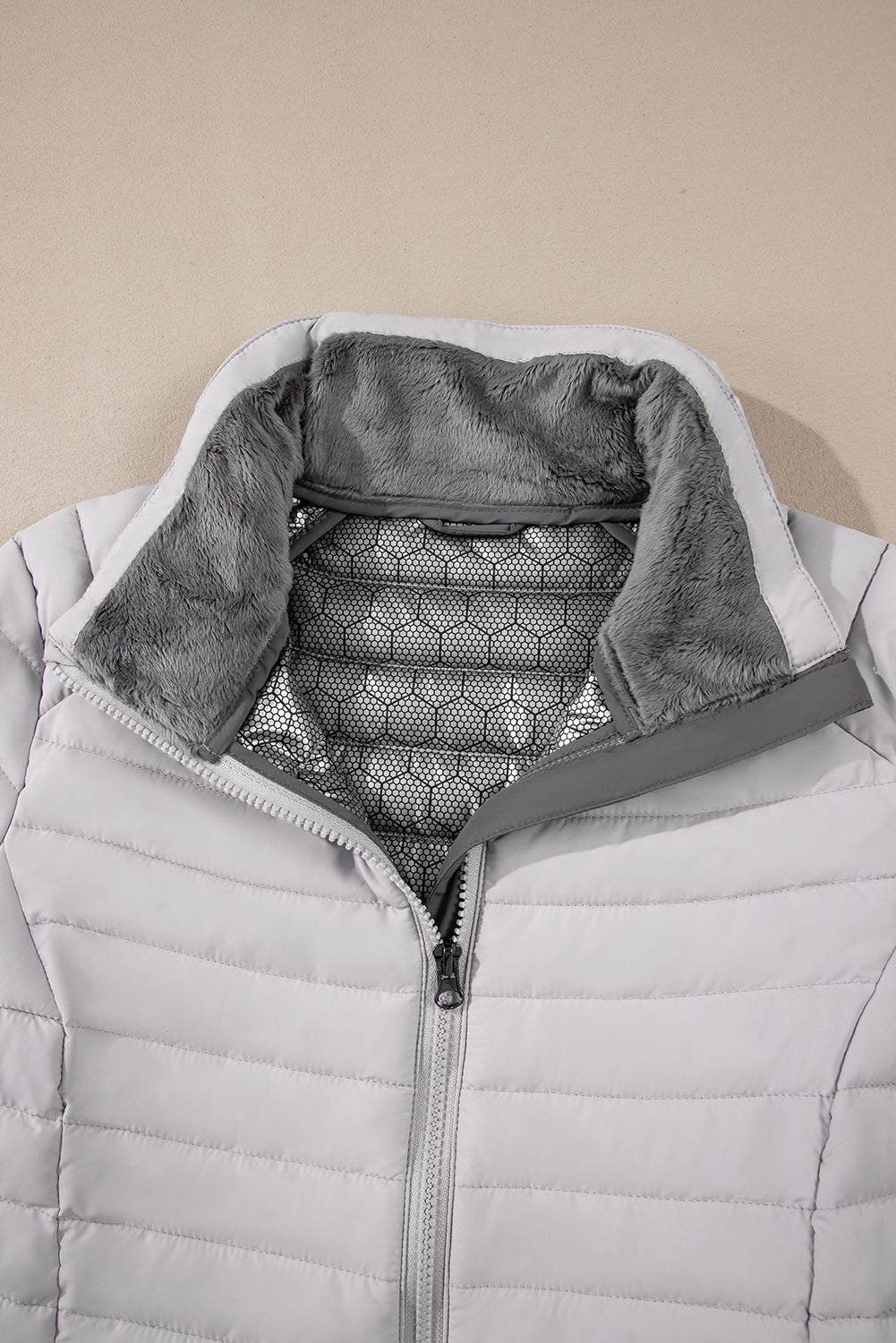 Silvery Solid Colour Quilted Zip-up Puffer Jacket Beagle Boutique Fashion Outlet