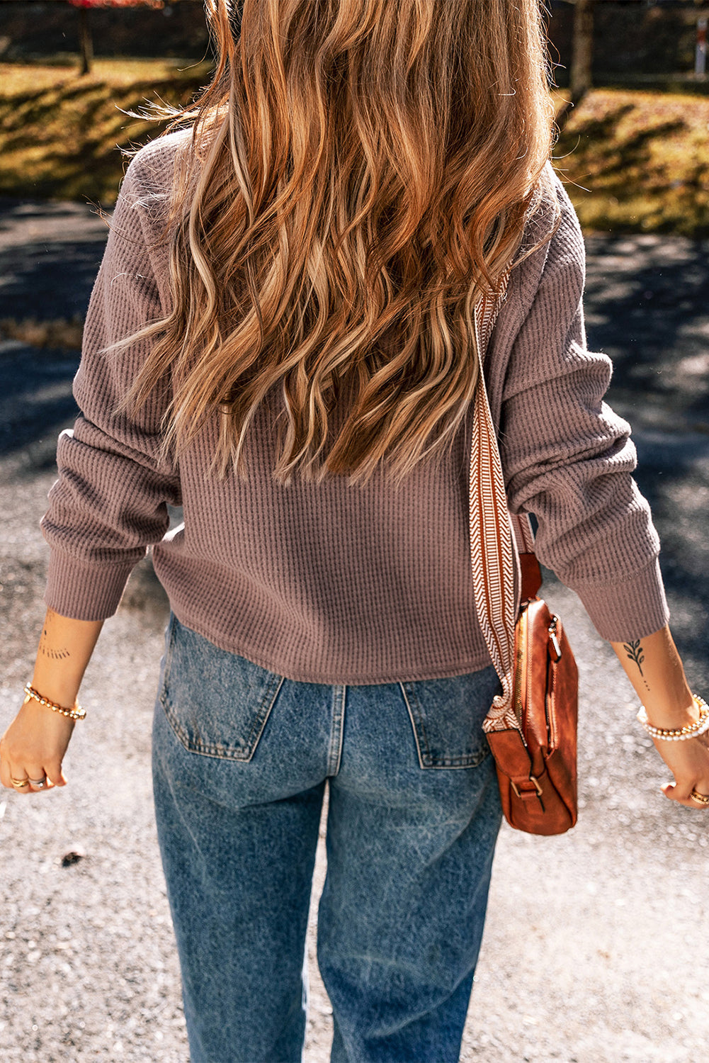 Chestnut Textured Knit Henley Long Sleeve Top eAura