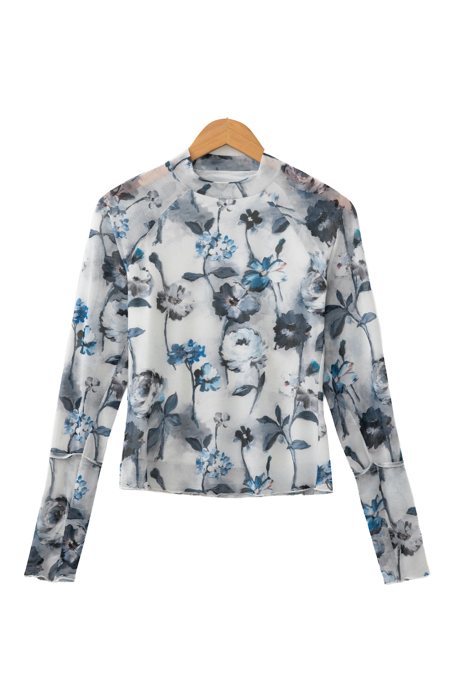 Sky Blue Floral Mesh High Neck Long Sleeve Sheath Top – Light Blue