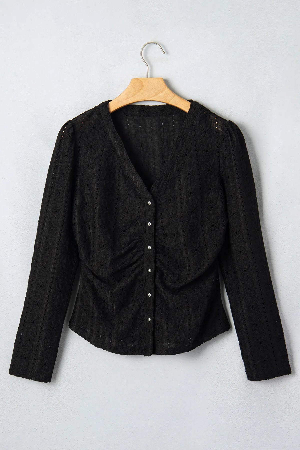 V Neck Floral Knit Long Sleeve Button Front Fit Blouse – Black