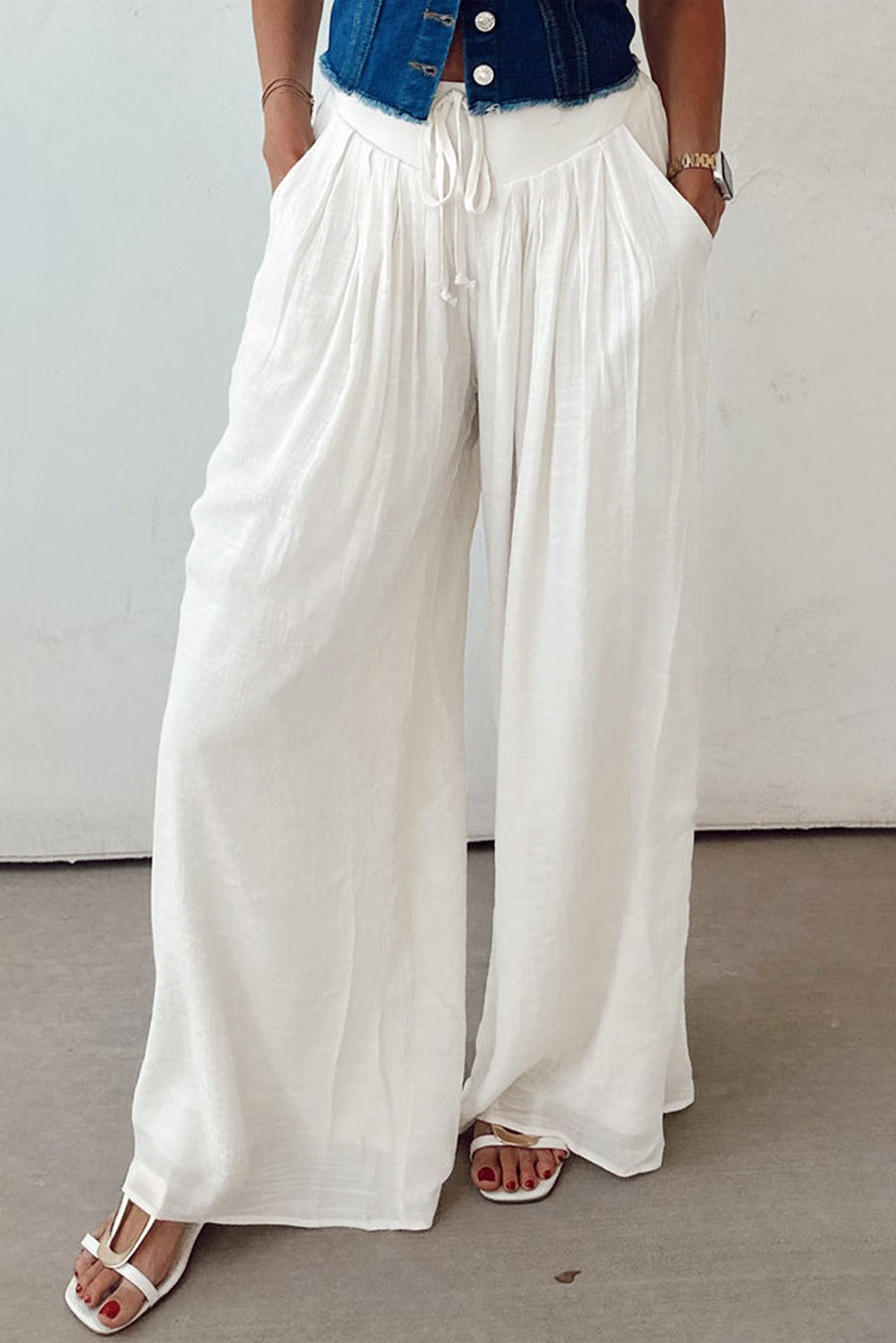 White Pleated Wide Leg Casual Trousers eAura