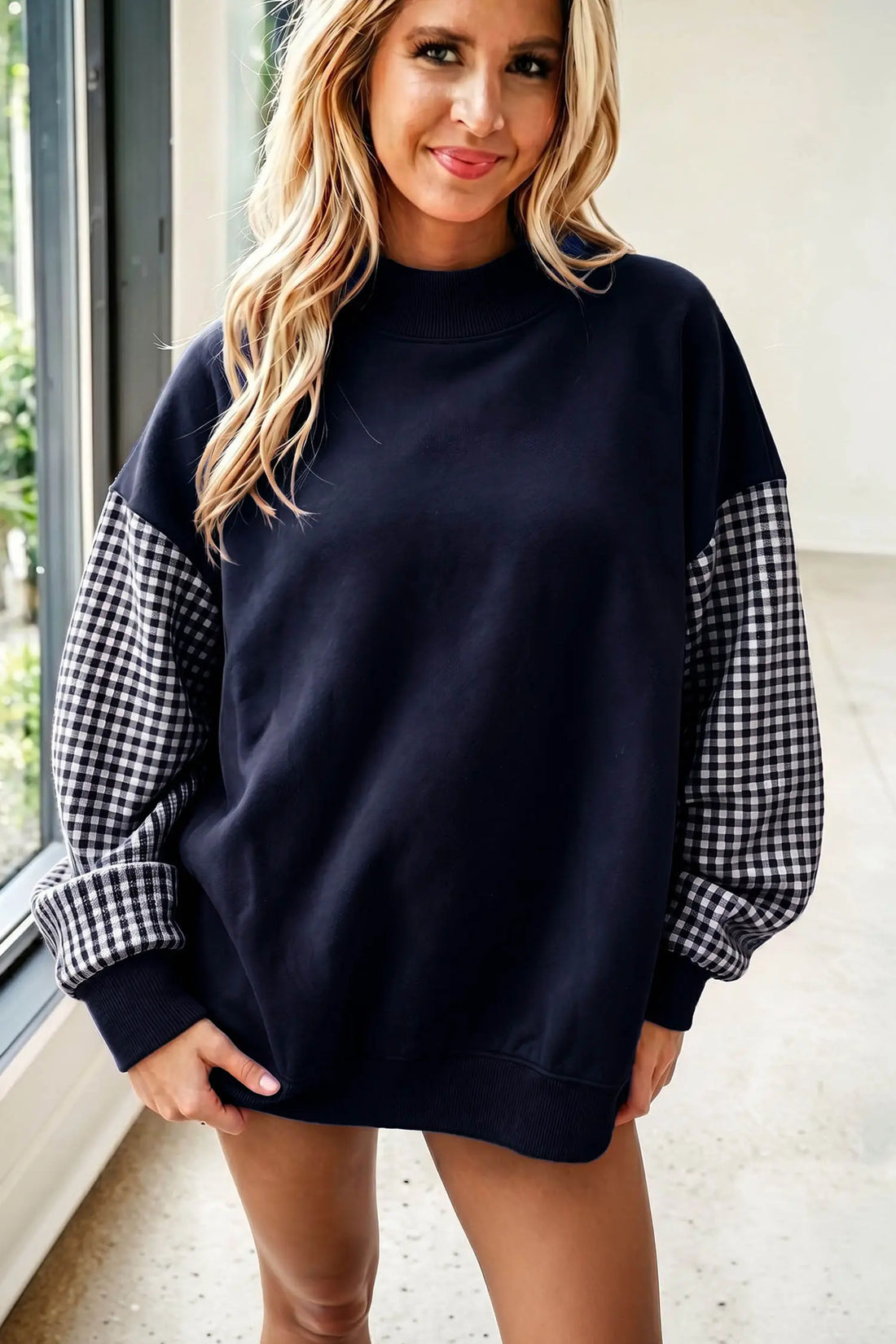 Plaid Sleeve Colourblock Loose Tunic Sweatshirt
