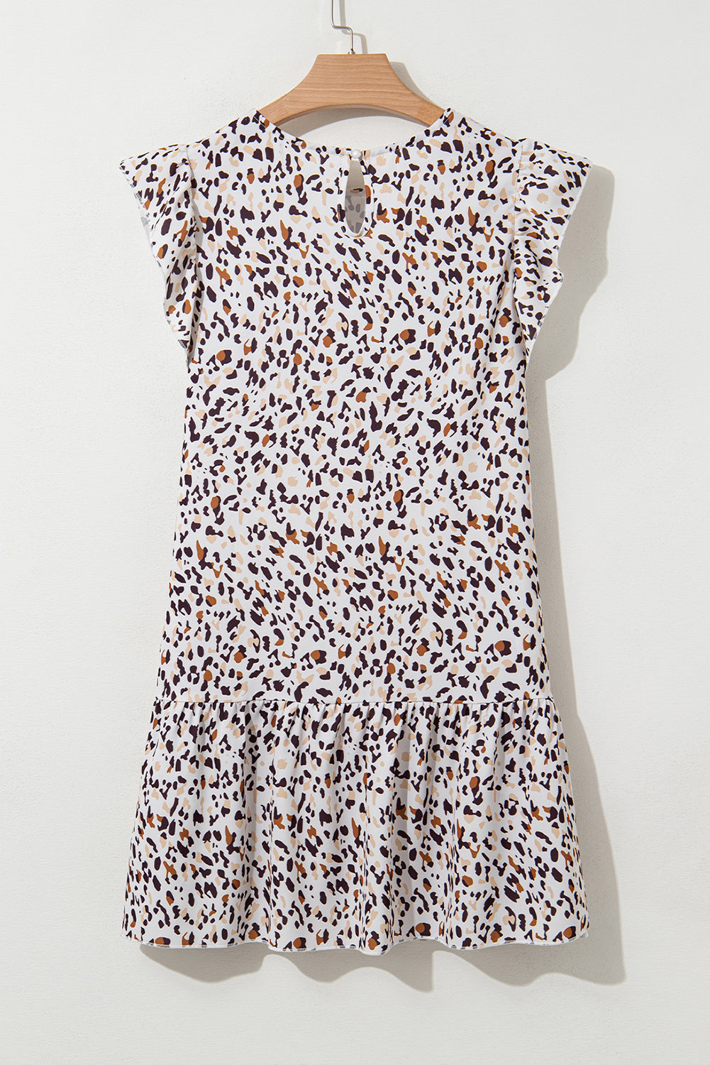 Khaki Leopard Ruffled Flutter Sleeve Keyhole Back Mini Dress - eAura