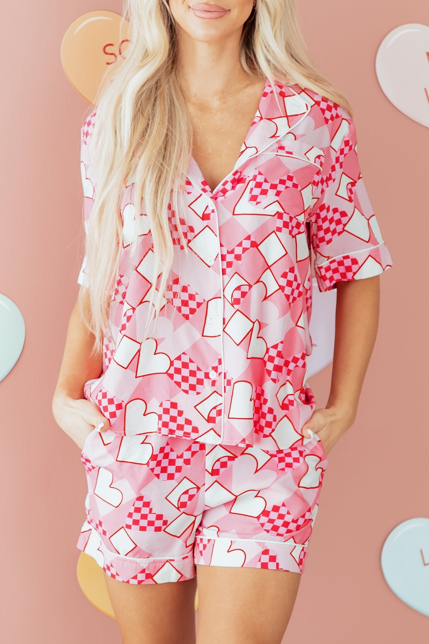 Heart Print Shirt Style Short Pyjama Set - eAura