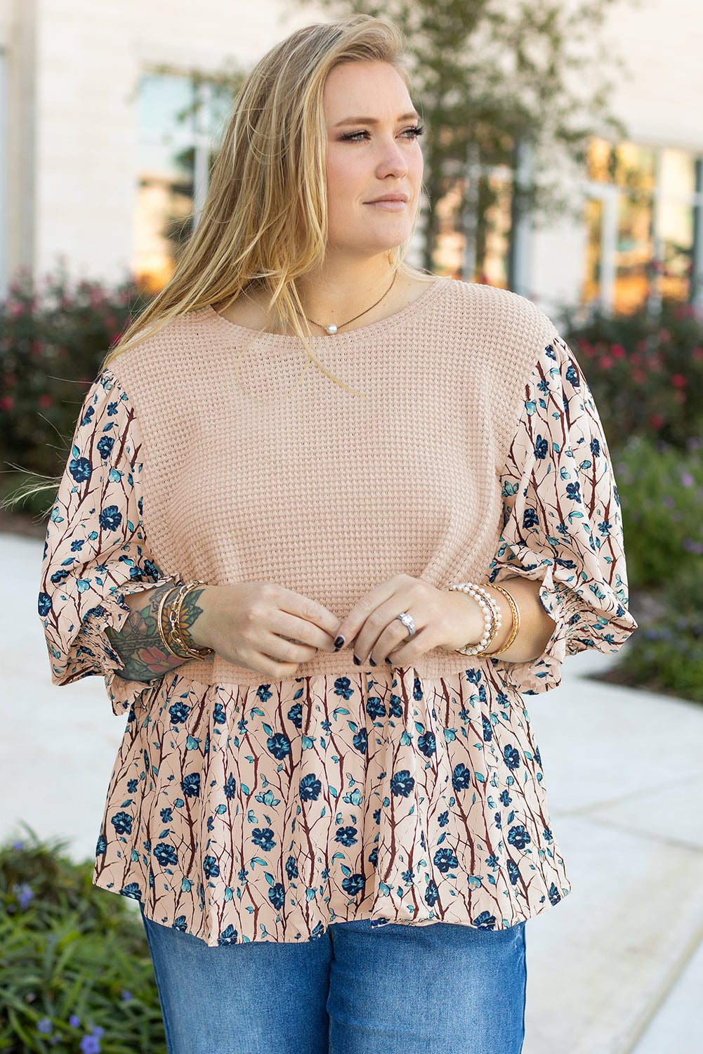 Beige Faux Two Piece Knit Patchwork Floral Print Plus Size Top BB Fashion Outlet