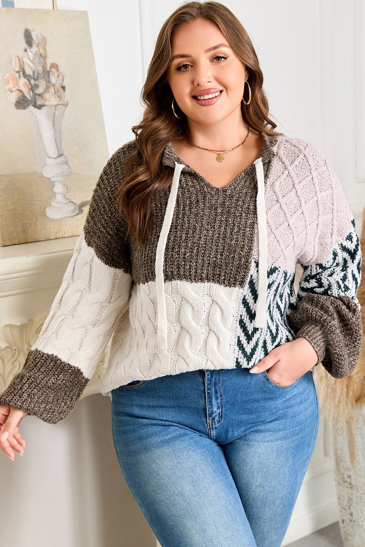 Brown Plus Size Color Block Patchwork Knotted Back Loose Fit Sweater - eAura