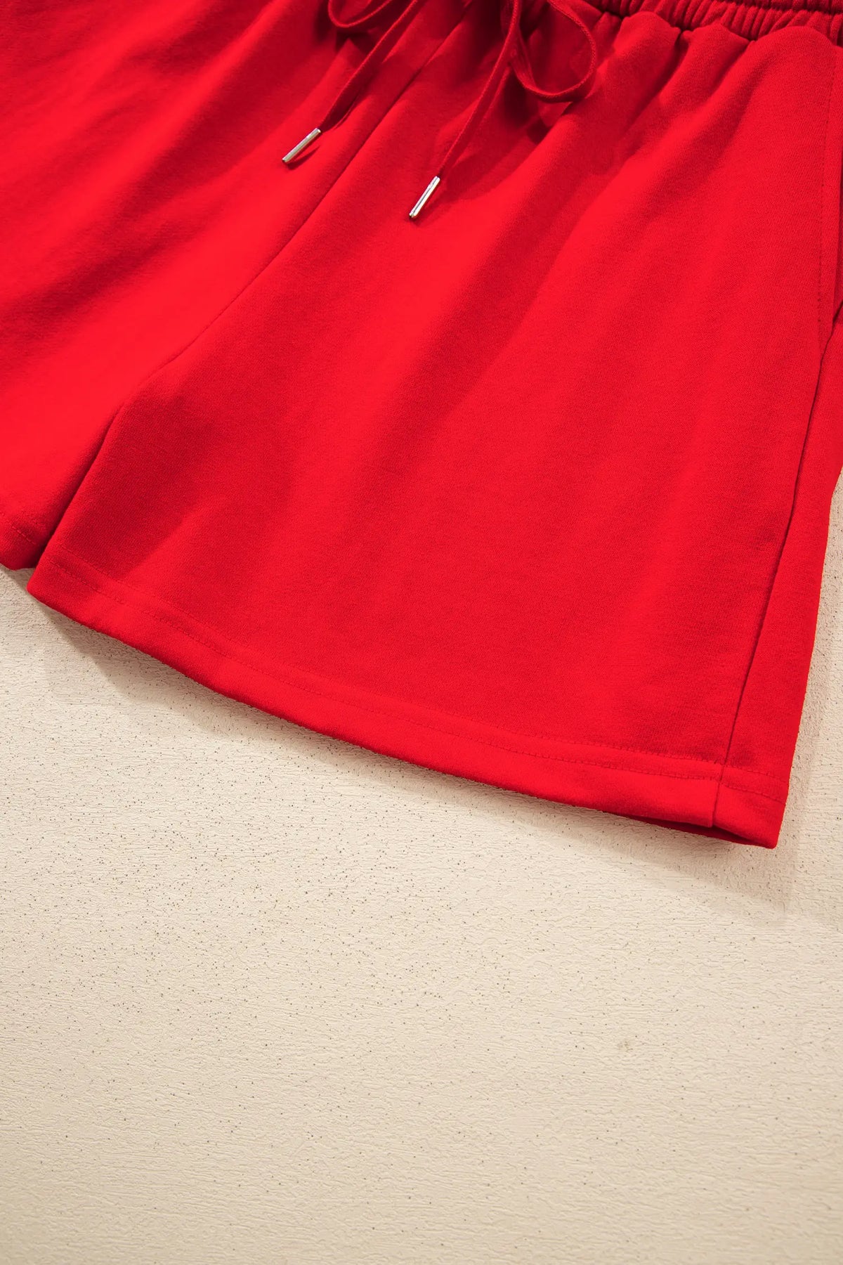Plaid Patchwork Long Sleeve Top Solid Drawstring Shorts Set – Red