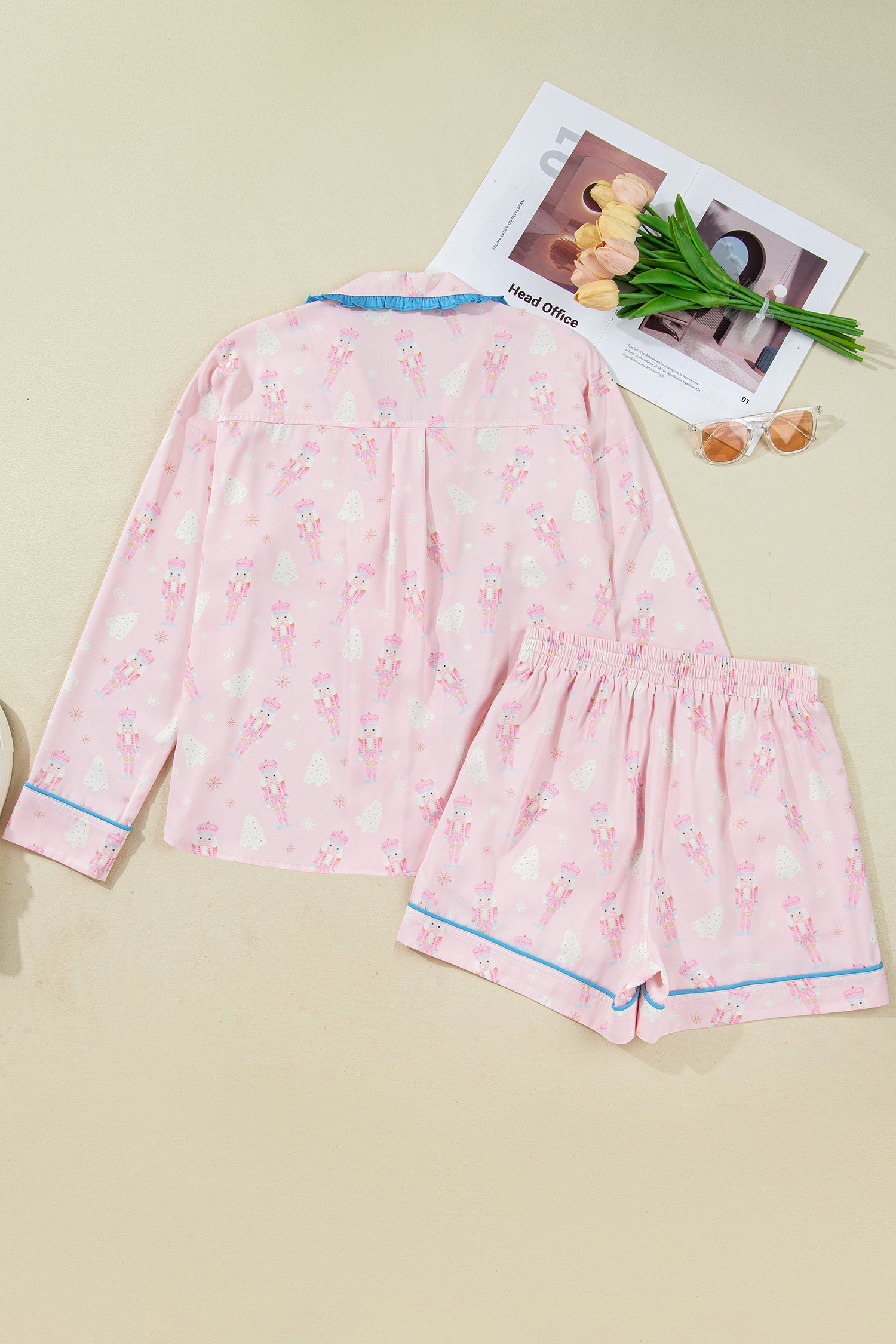 Bow Tie Front Christmas Nutcracker Long Sleeve Shirt Shorts Pajama Set - Loungewear & Sleepwear/Sleepwear