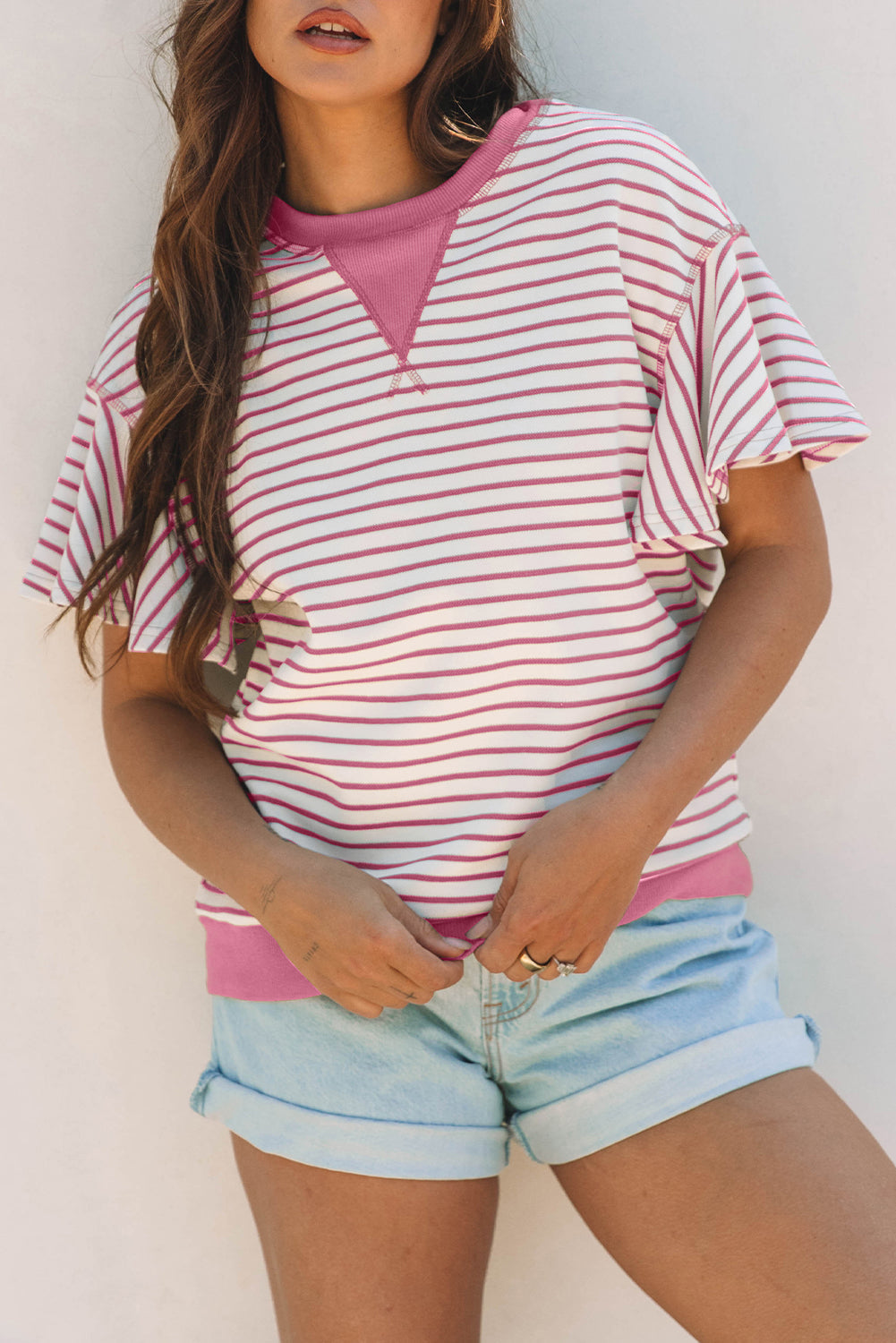 Contrast Detail Striped Ruffle Short Sleeve Top eAura
